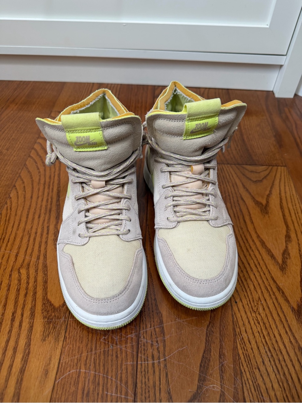 Jordan High-Top Sneakers in Beige with Neon Yellow Accents
